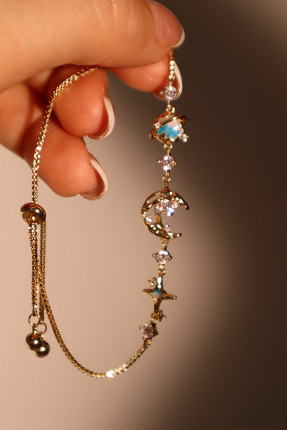 Unisex Bracelet Blue 14K Gold Plated Zirconia Star Moon Design - 1