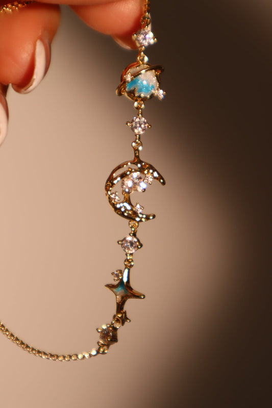 Unisex Bracelet Blue 14K Gold Plated Zirconia Star Moon Design - 2