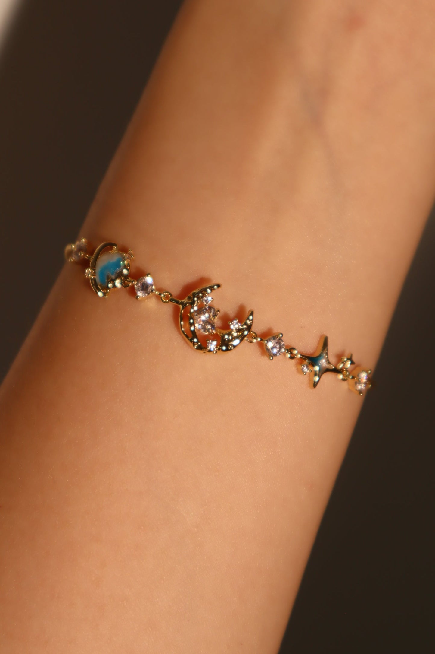 Unisex Bracelet Blue 14K Gold Plated Zirconia Star Moon Design - 3