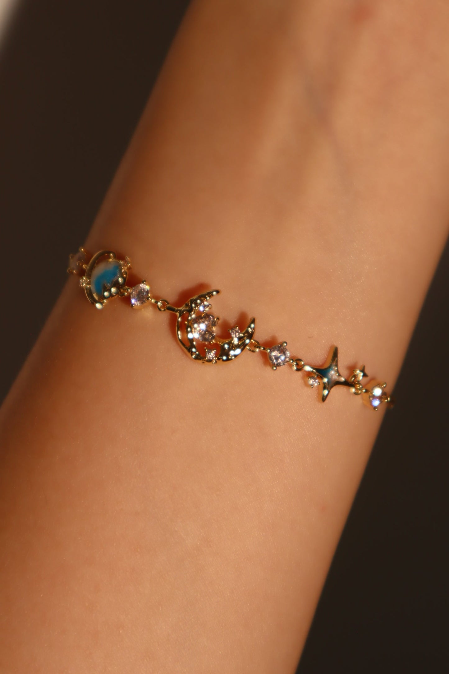 Unisex Bracelet Blue 14K Gold Plated Zirconia Star Moon Design - 4
