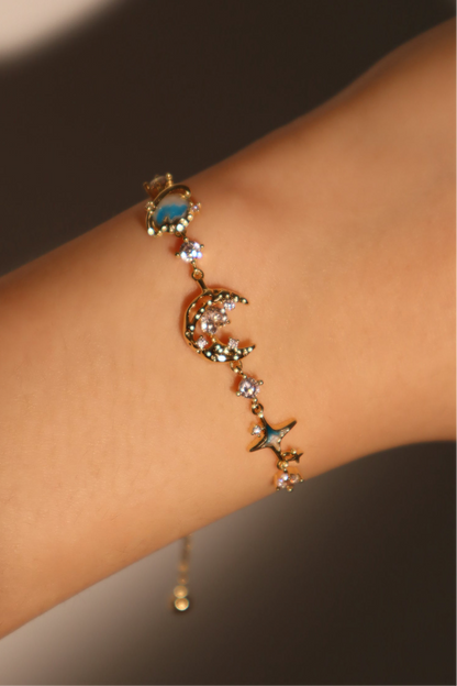 Unisex Bracelet Blue 14K Gold Plated Zirconia Star Moon Design - 5