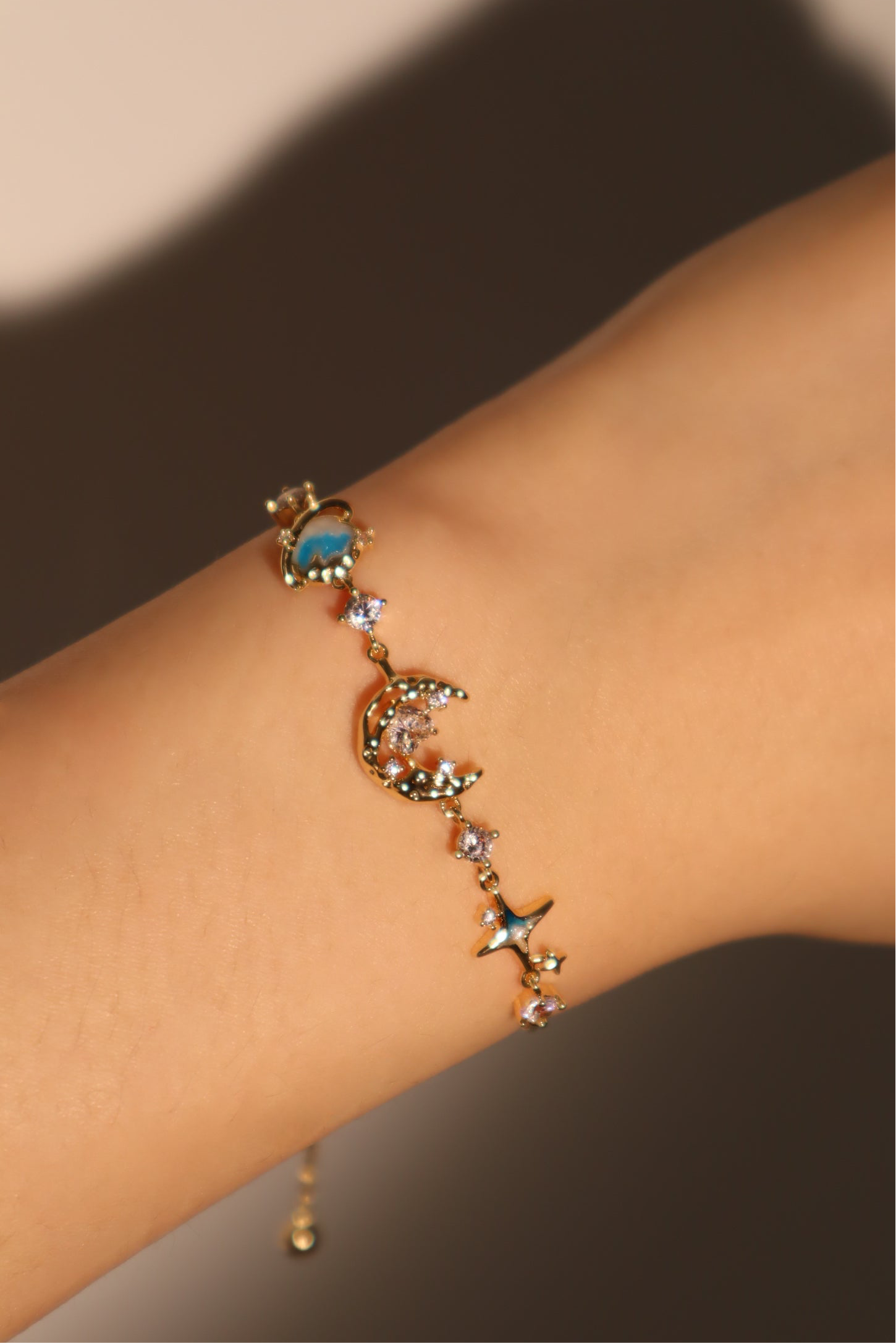 Unisex Bracelet Blue 14K Gold Plated Zirconia Star Moon Design - 6