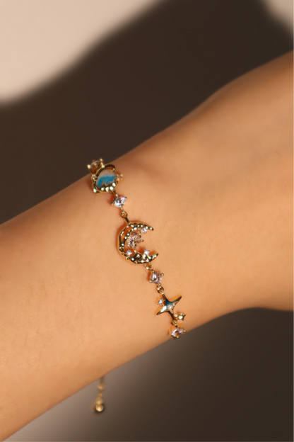 Unisex Bracelet Blue 14K Gold Plated Zirconia Star Moon Design - 6