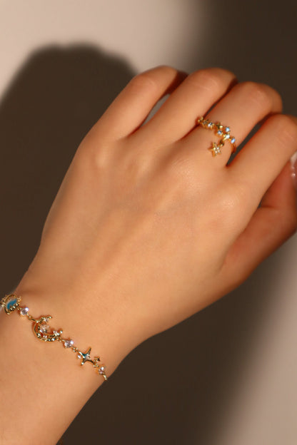 Unisex Bracelet Blue 14K Gold Plated Zirconia Star Moon Design - 7