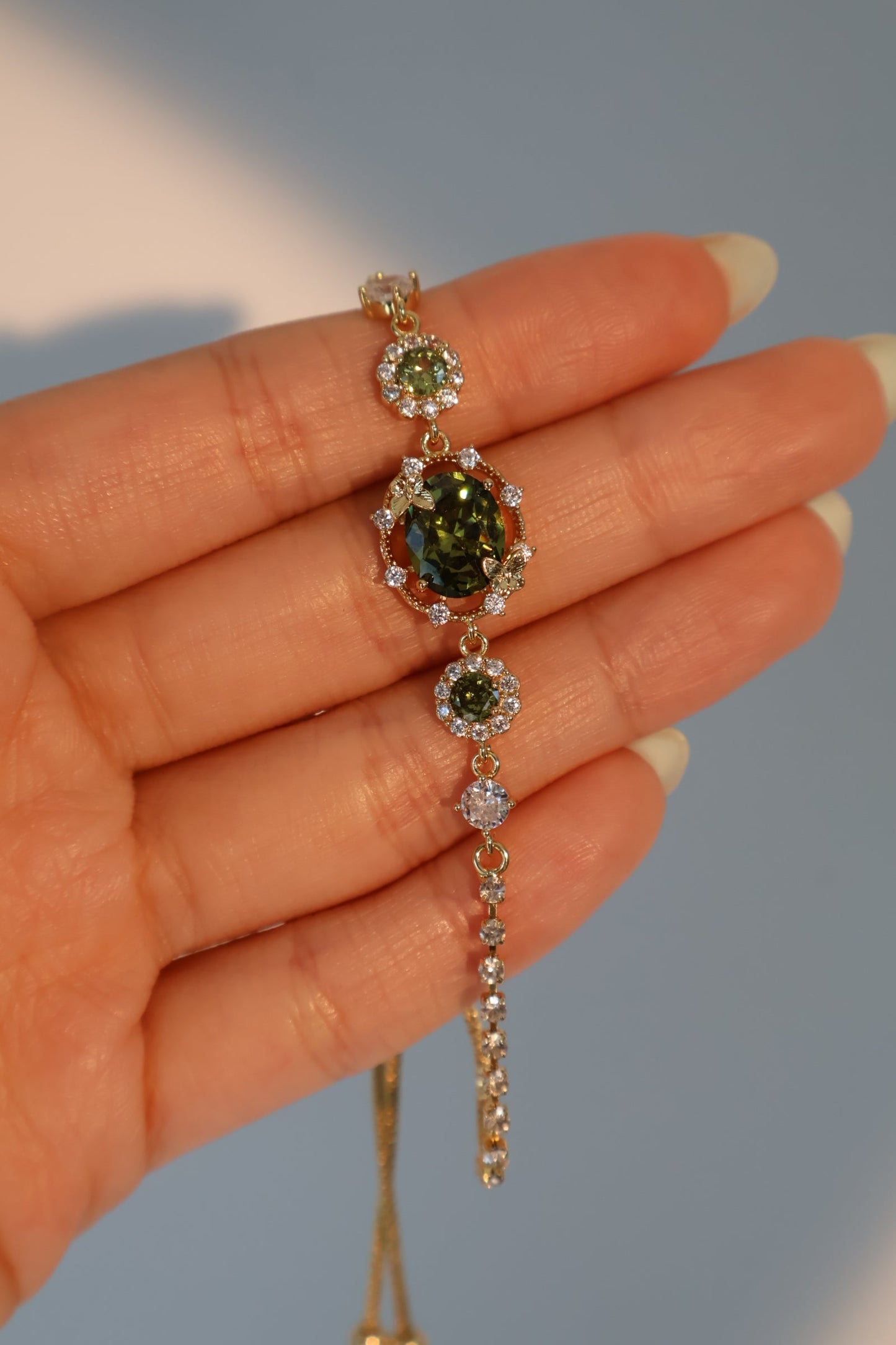 Men's and Women's Butterfly Bracelet Green Zirconia Gold Plated - 4