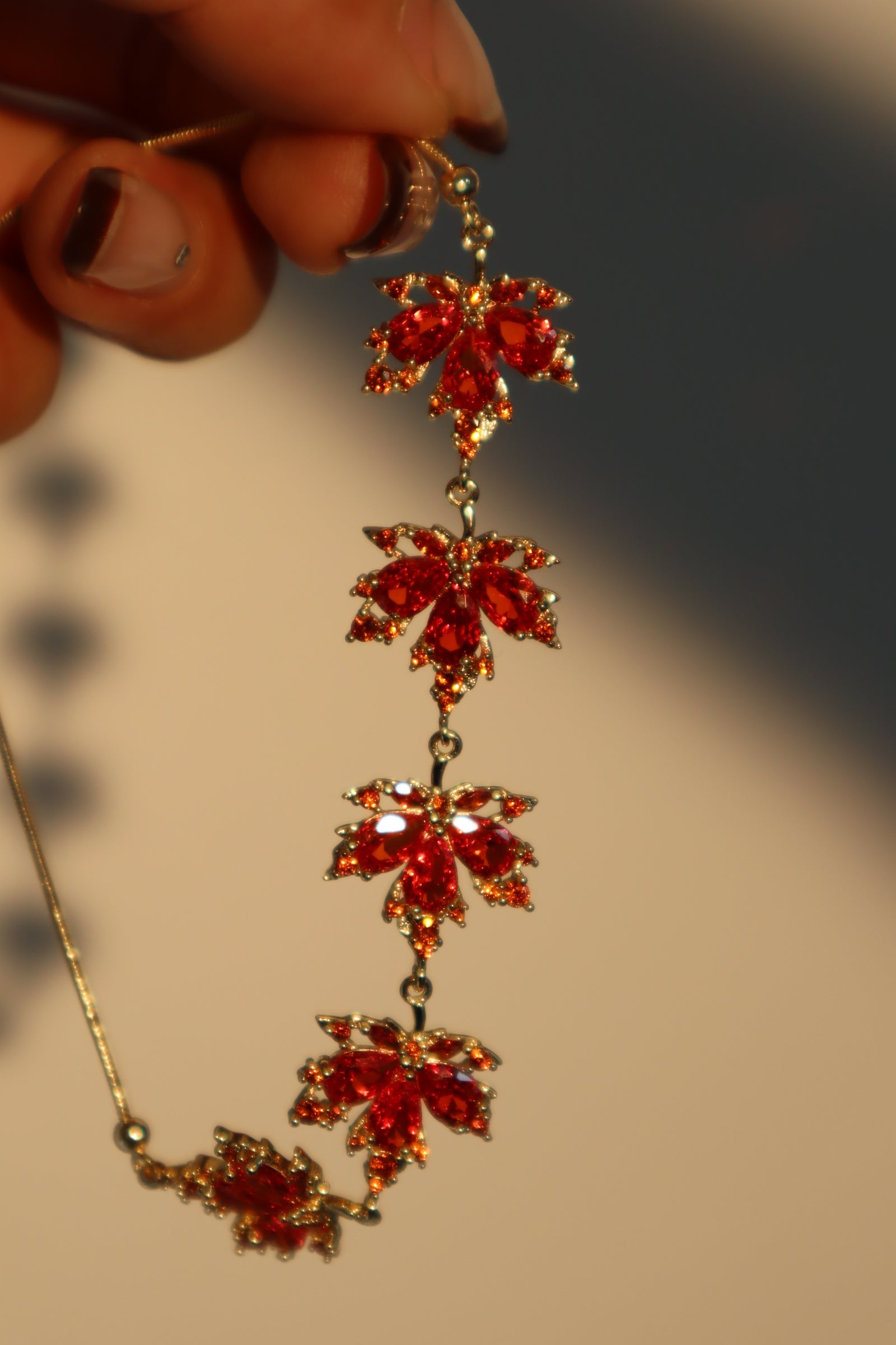 Unisex Bracelet Gold Plated Red Zirconia Maple Leaves Design - 2