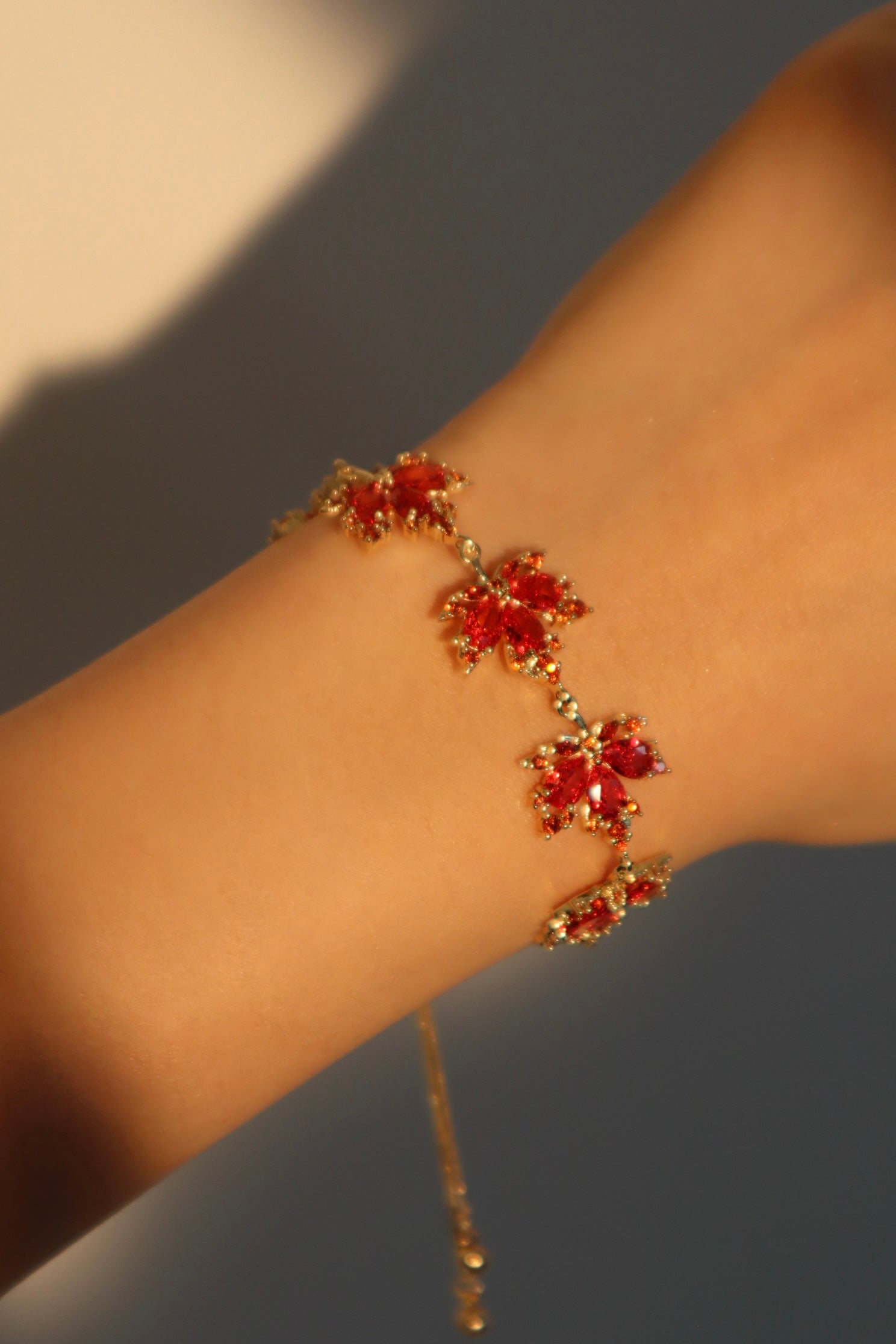 Unisex Bracelet Gold Plated Red Zirconia Maple Leaves Design - 5