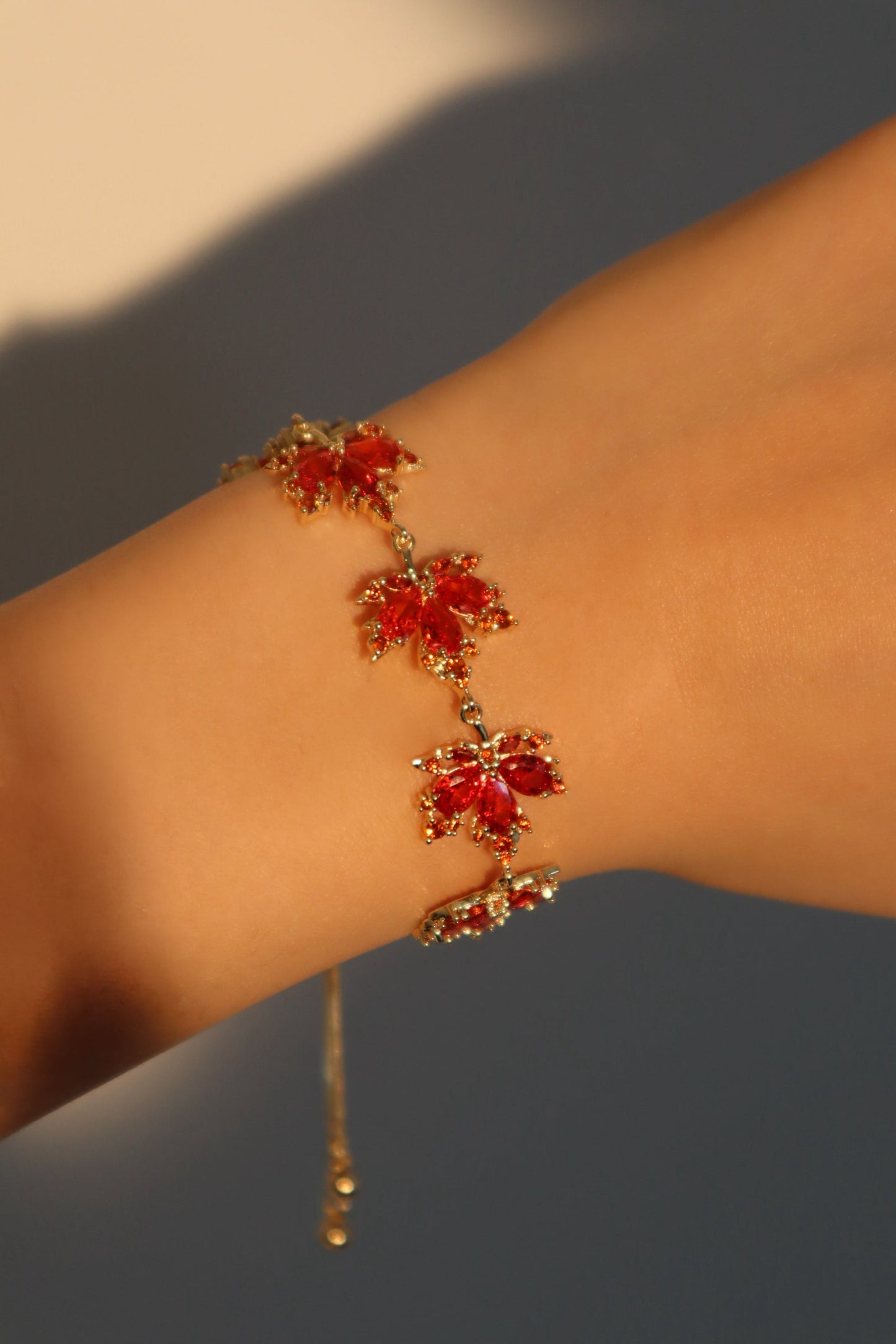 Unisex Bracelet Gold Plated Red Zirconia Maple Leaves Design - 6