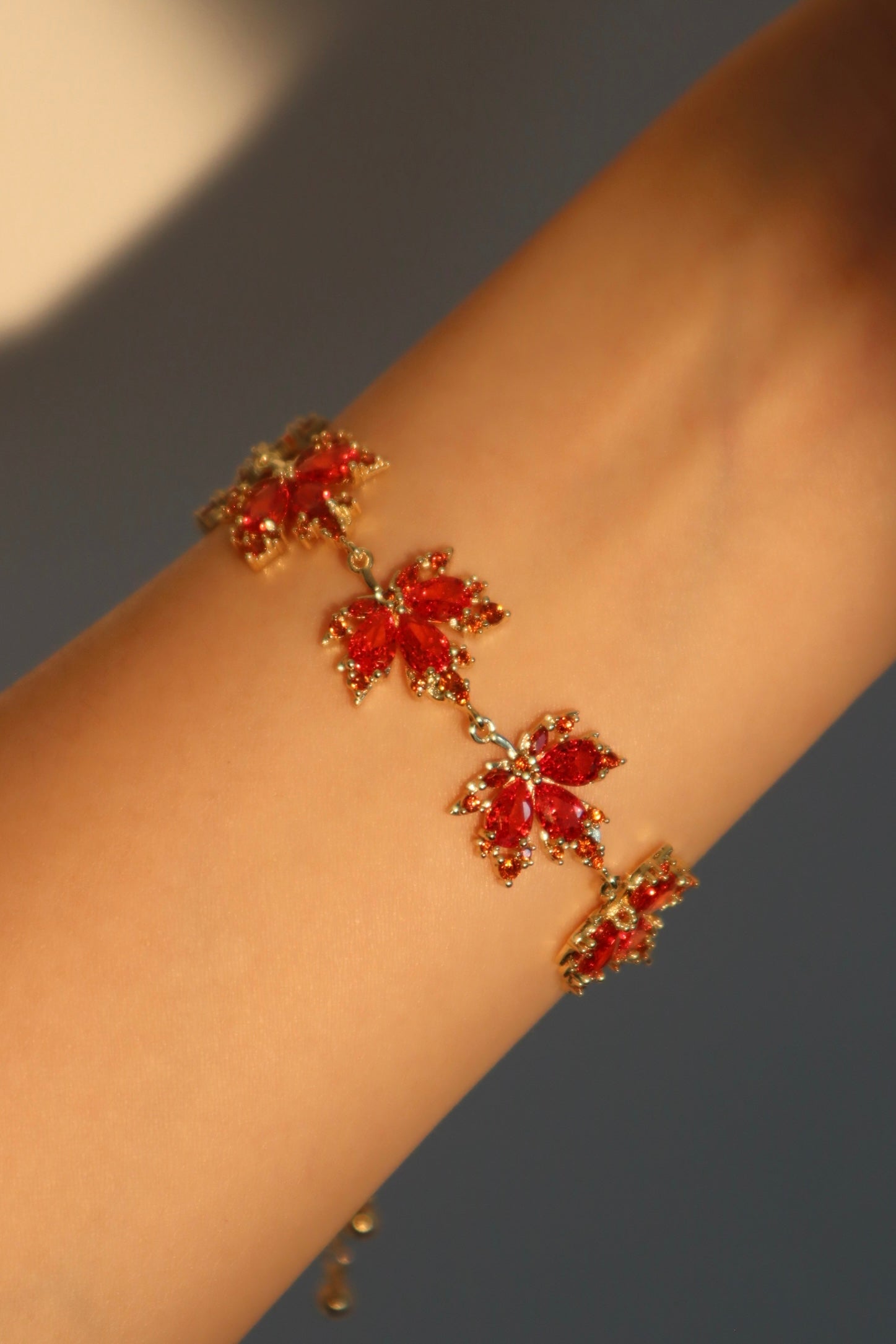 Unisex Bracelet Gold Plated Red Zirconia Maple Leaves Design - 7