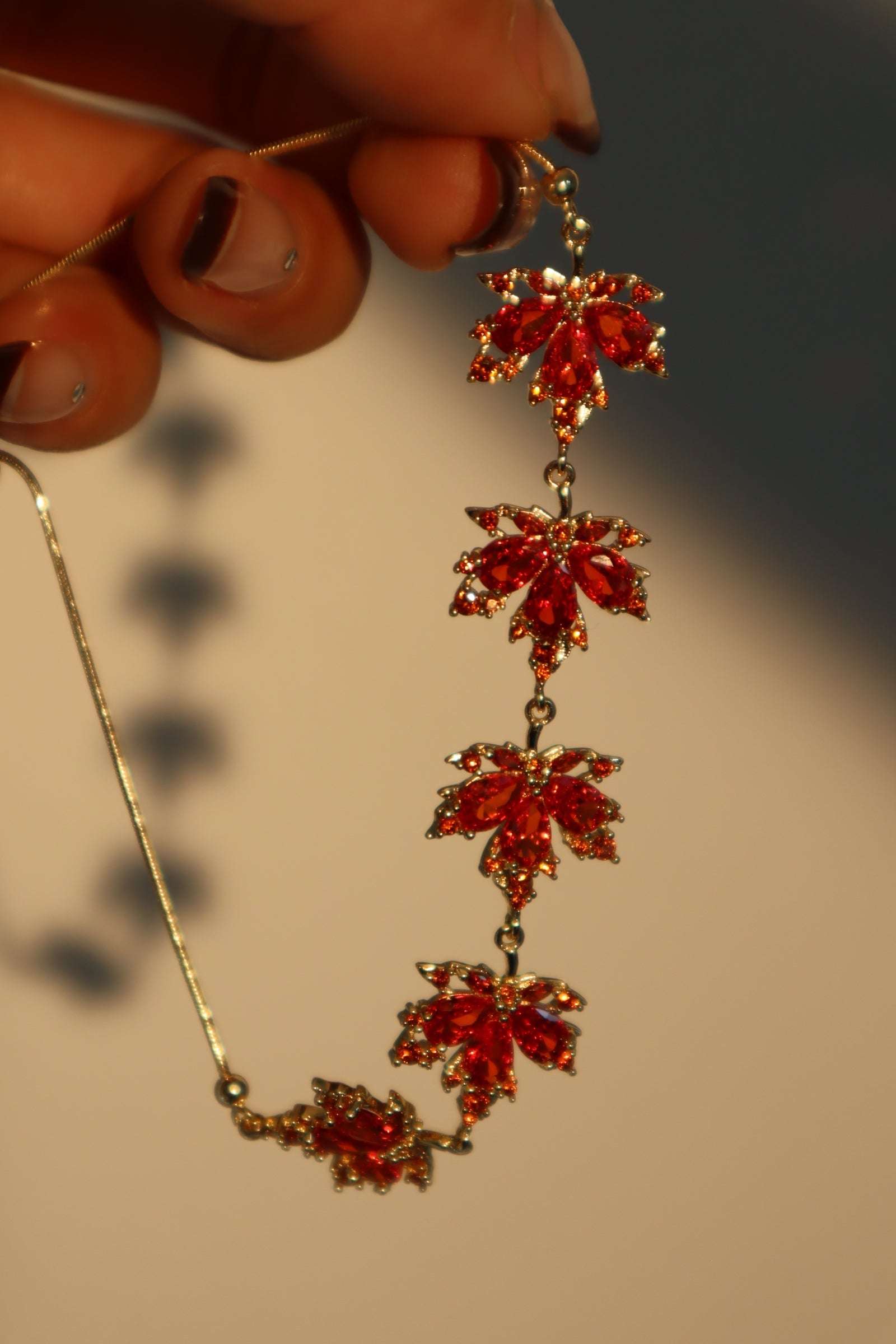 Unisex Bracelet Gold Plated Red Zirconia Maple Leaves Design - 8