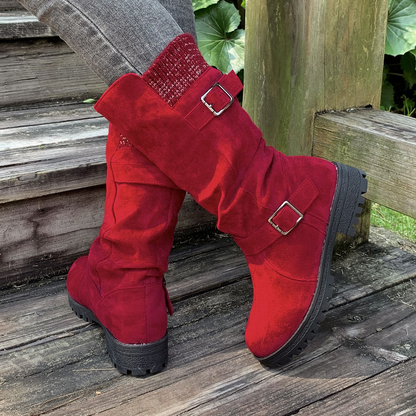 Women's Knit-Panel Mid-Calf Boots in Red – rear three-quarter view | Hensley London