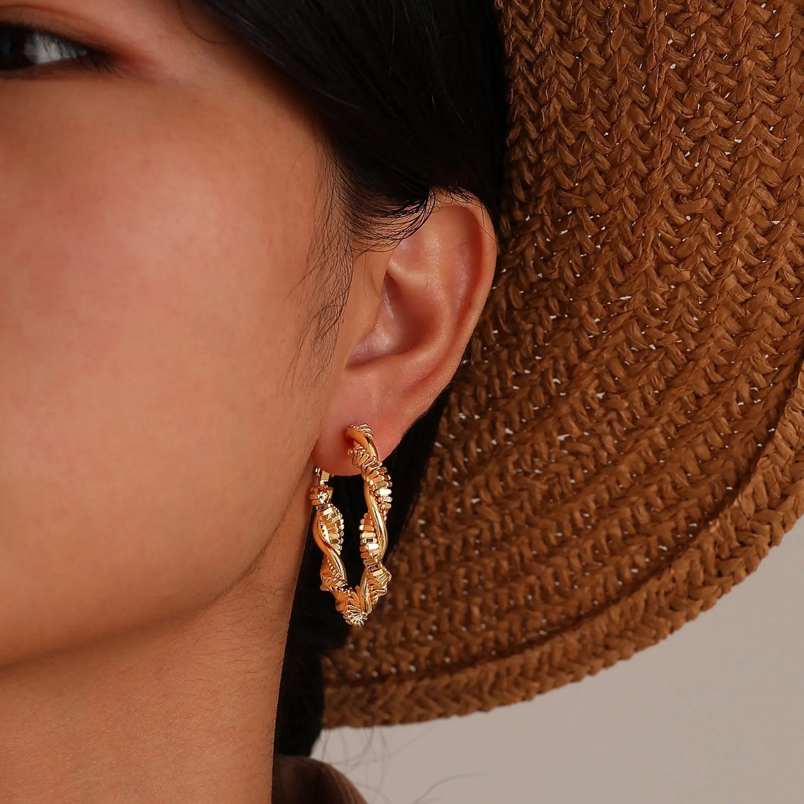 Women's Gold Hoop Earrings Textured Spiral 14k Gold Plated Stainless Steel - 2