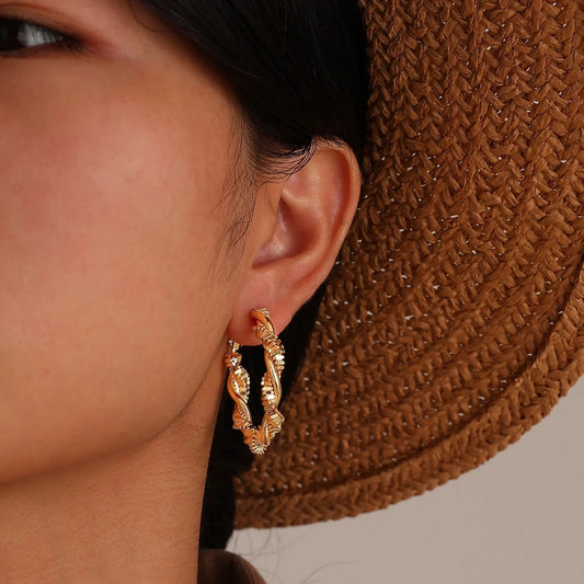 Women's Gold Hoop Earrings Textured Spiral 14k Gold Plated Stainless Steel - 2