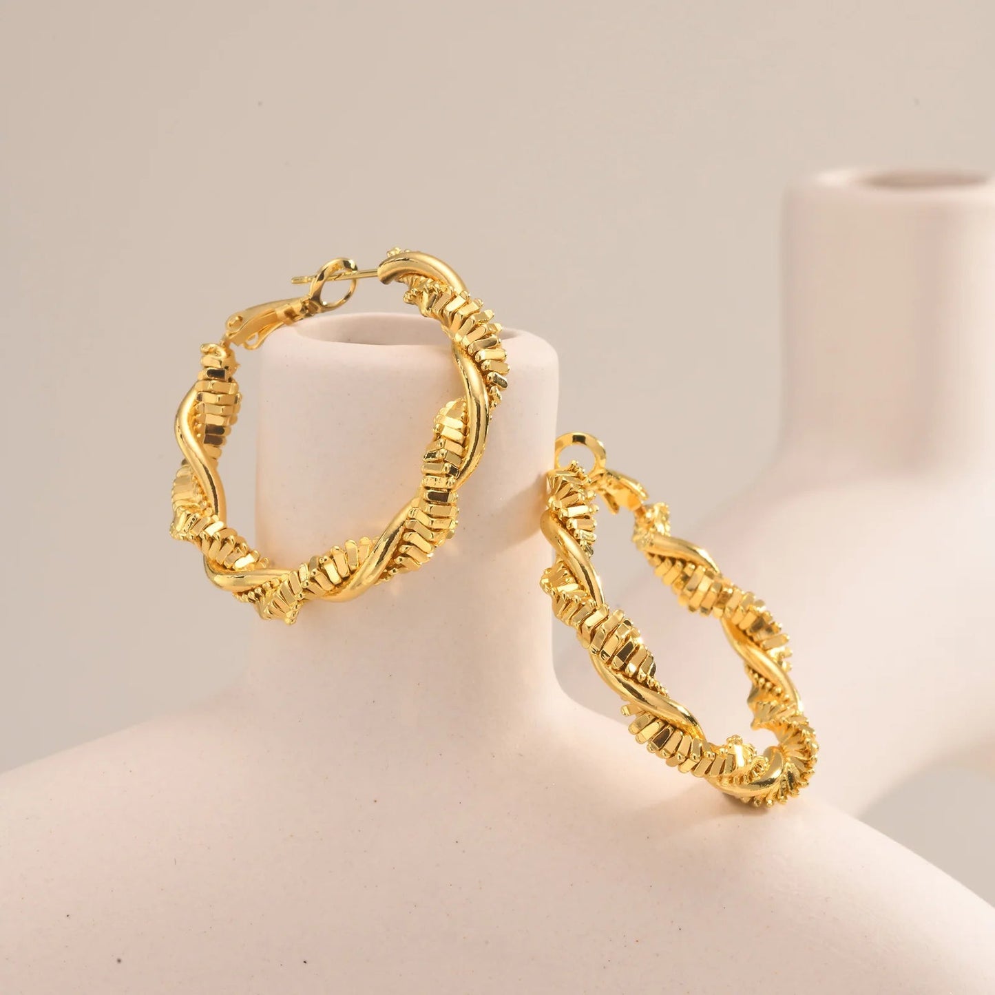 Women's Gold Hoop Earrings Textured Spiral 14k Gold Plated Stainless Steel - 3