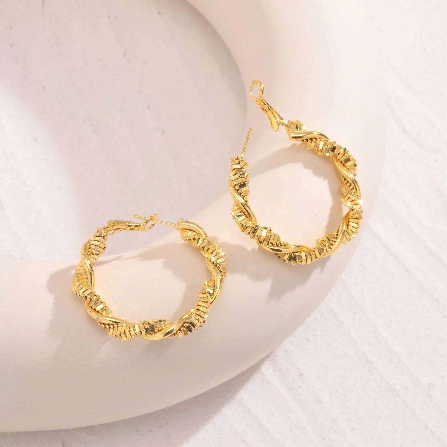 Women's Gold Hoop Earrings Textured Spiral 14k Gold Plated Stainless Steel - 5