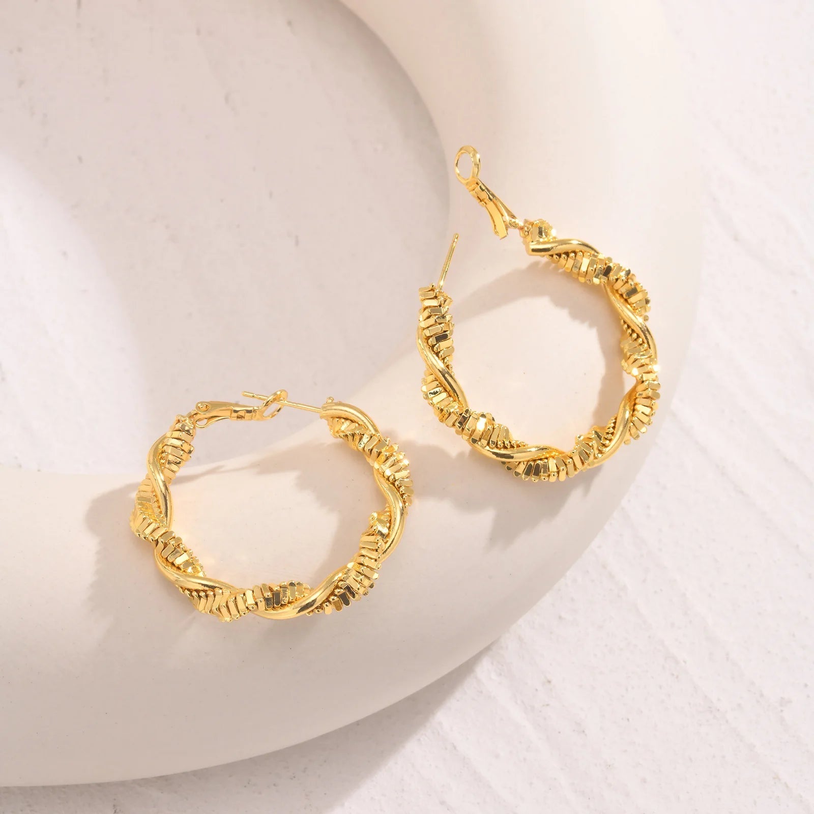 Women's Gold Hoop Earrings Textured Spiral 14k Gold Plated Stainless Steel - 5