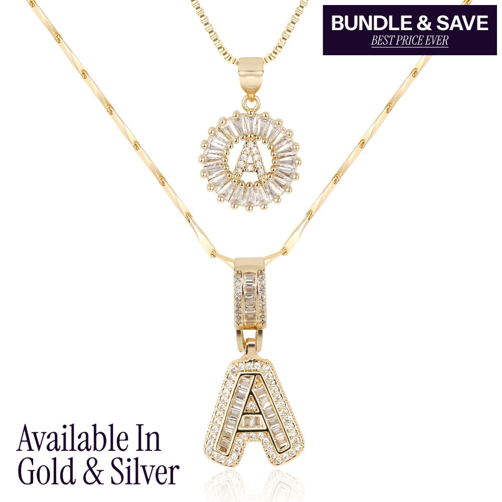 14k Gold-Plated Layered Necklace Set with Diamond Initial Pendants – Elegant Jewelry for Personal Style 1