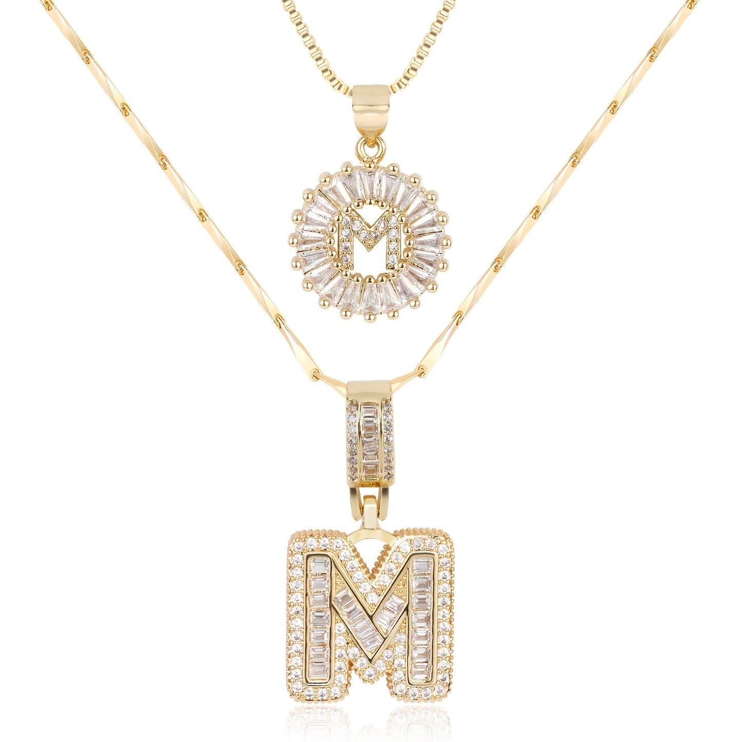 14k Gold-Plated Layered Necklace Set with Diamond Initial Pendants – Elegant Jewelry for Personal Style 12