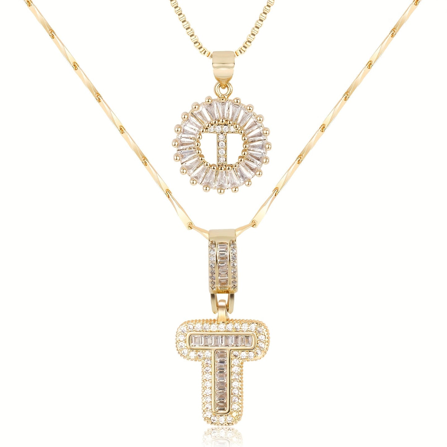 14k Gold-Plated Layered Necklace Set with Diamond Initial Pendants – Elegant Jewelry for Personal Style 25