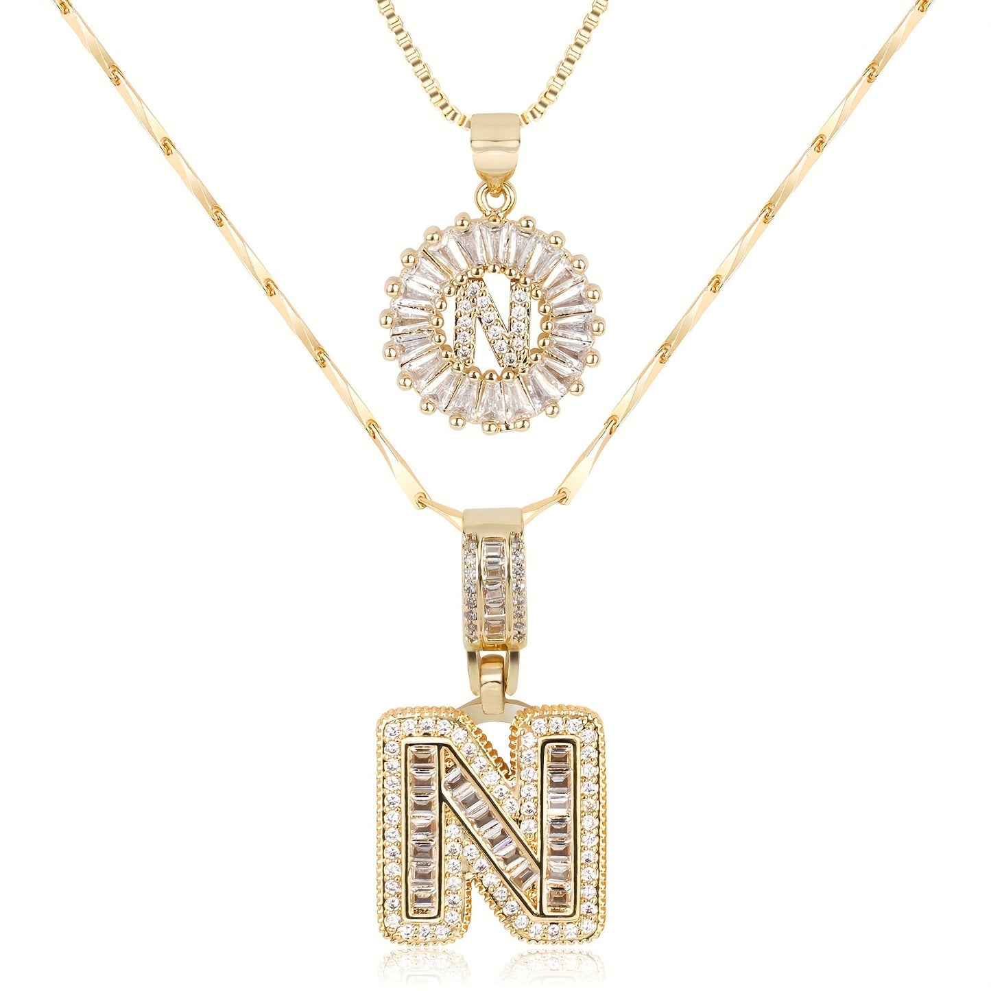 14k Gold-Plated Layered Necklace Set with Diamond Initial Pendants – Elegant Jewelry for Personal Style 48