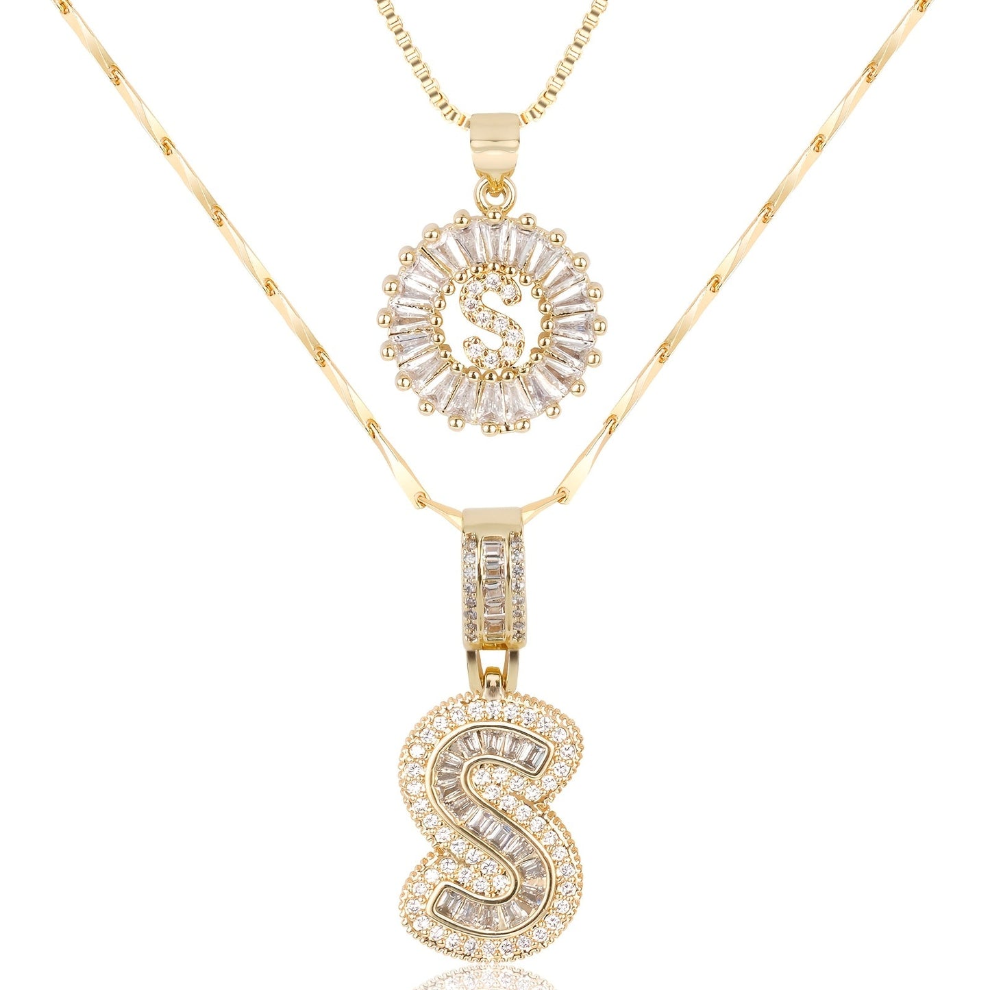 14k Gold-Plated Layered Necklace Set with Diamond Initial Pendants – Elegant Jewelry for Personal Style 50