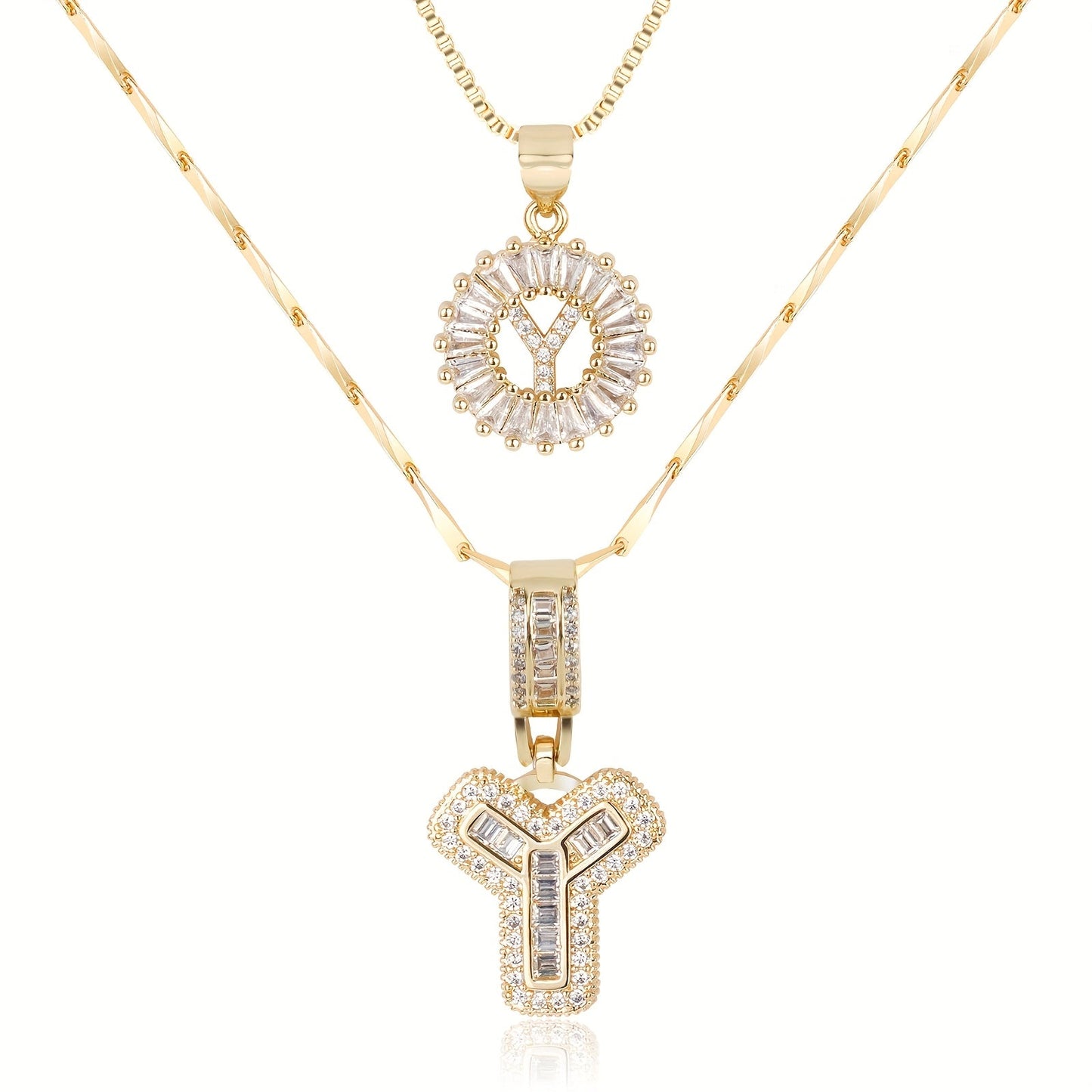 14k Gold-Plated Layered Necklace Set with Diamond Initial Pendants – Elegant Jewelry for Personal Style 51