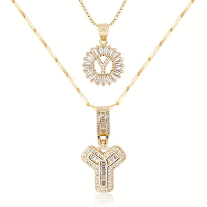 14k Gold-Plated Layered Necklace Set with Diamond Initial Pendants – Elegant Jewelry for Personal Style 51