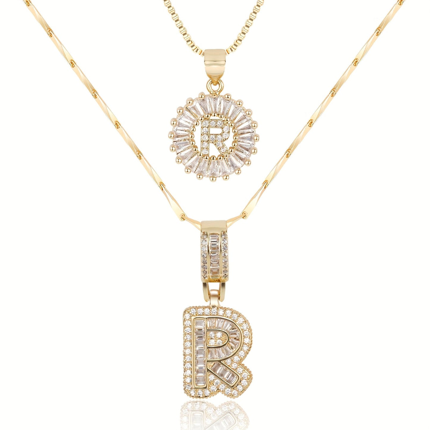 14k Gold-Plated Layered Necklace Set with Diamond Initial Pendants – Elegant Jewelry for Personal Style 54