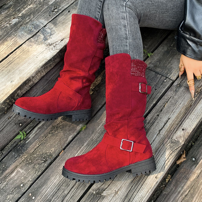 Women's Knit-Panel Mid-Calf Boots in Red – front view on feet | Hensley London