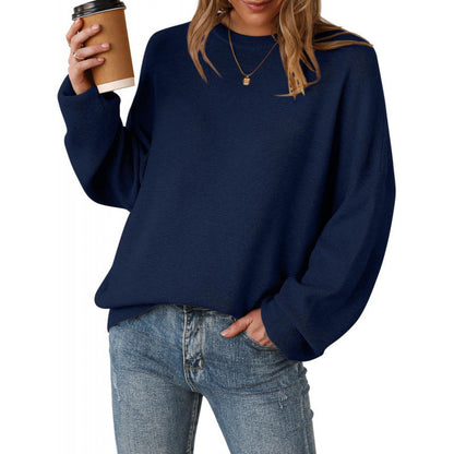 Women's Crew-Neck Knit Jumper in Dark Blue – front view | Hensley London