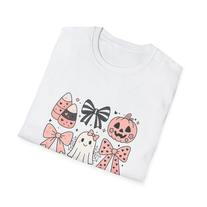 Halloween Themed Unisex Softstyle T-Shirt with Cute Bows and Ghosts, Spooky Shirt, Fall Fashion, Trick or Treat, Gift for Her