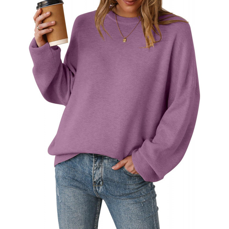 Women's Crew-Neck Knit Jumper in Purple – front view | Hensley London