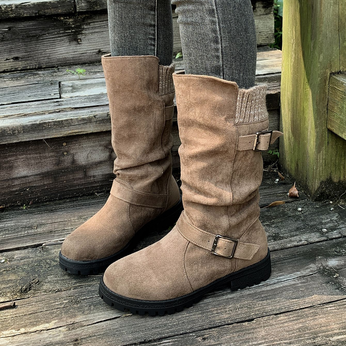 Women's Knit-Panel Mid-Calf Boots in Light Brown – side view on feet | Hensley London