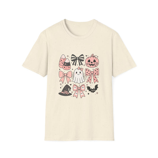 Halloween Themed Unisex Softstyle T-Shirt with Cute Bows and Ghosts, Spooky Shirt, Fall Fashion, Trick or Treat, Gift for Her