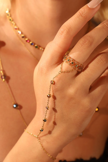 Unisex Hand Chain Bracelet Gold Stainless Steel Color Gem - 3