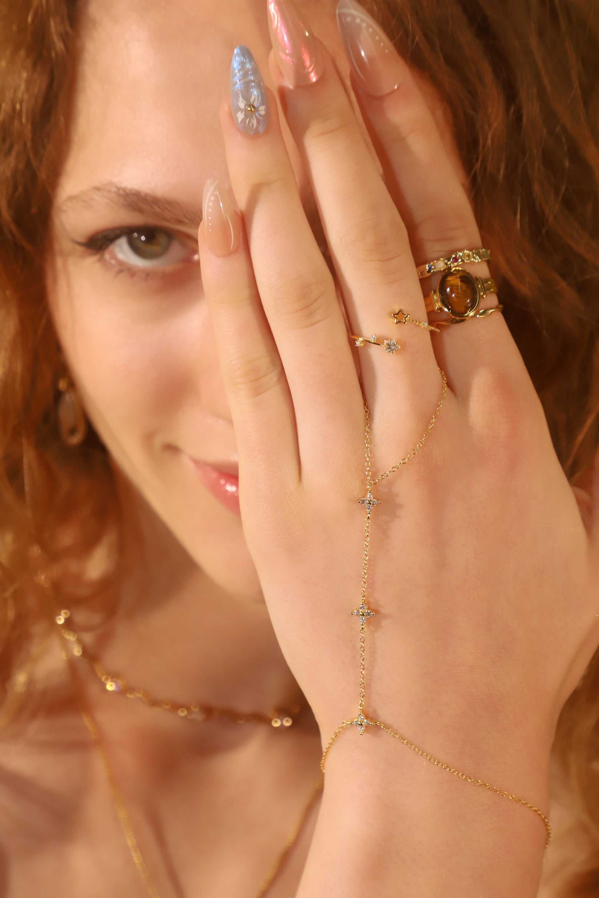 Women's Hand Chain Bracelet Gold Vermeil Zirconia Diamonds - 2