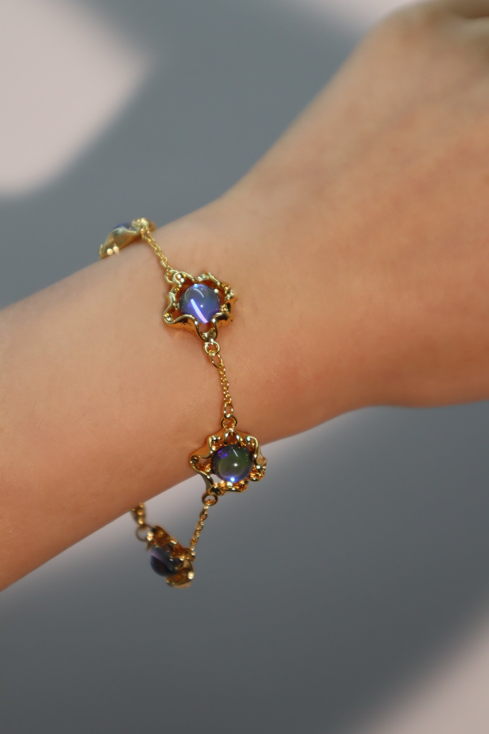 Unisex Bracelet 18K Gold Plated Deep Blue Moonstones - 2