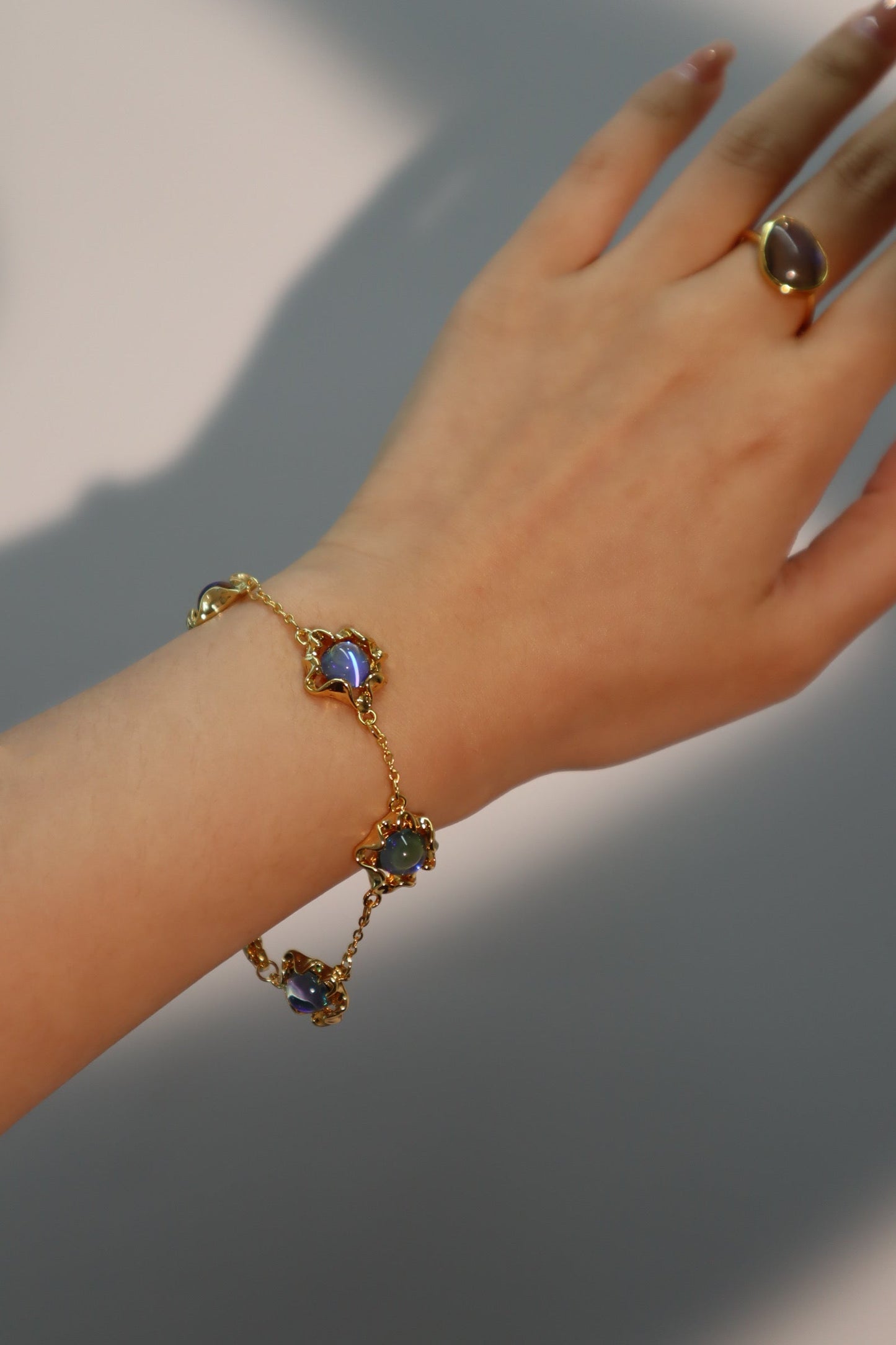Unisex Bracelet 18K Gold Plated Deep Blue Moonstones - 4