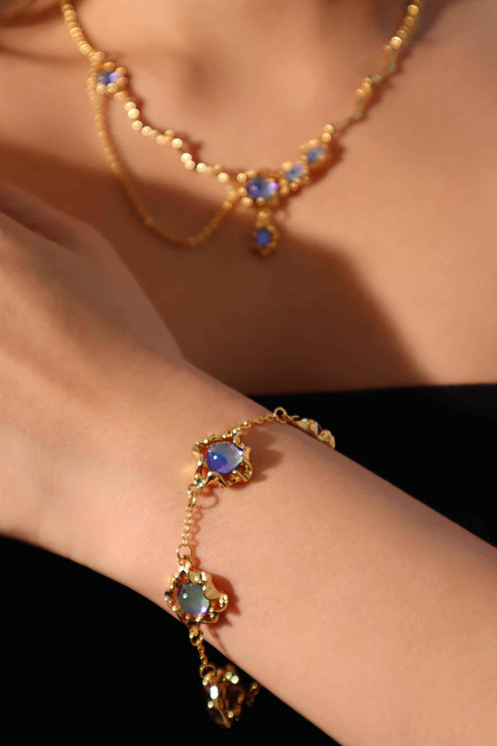 Unisex Bracelet 18K Gold Plated Deep Blue Moonstones - 5