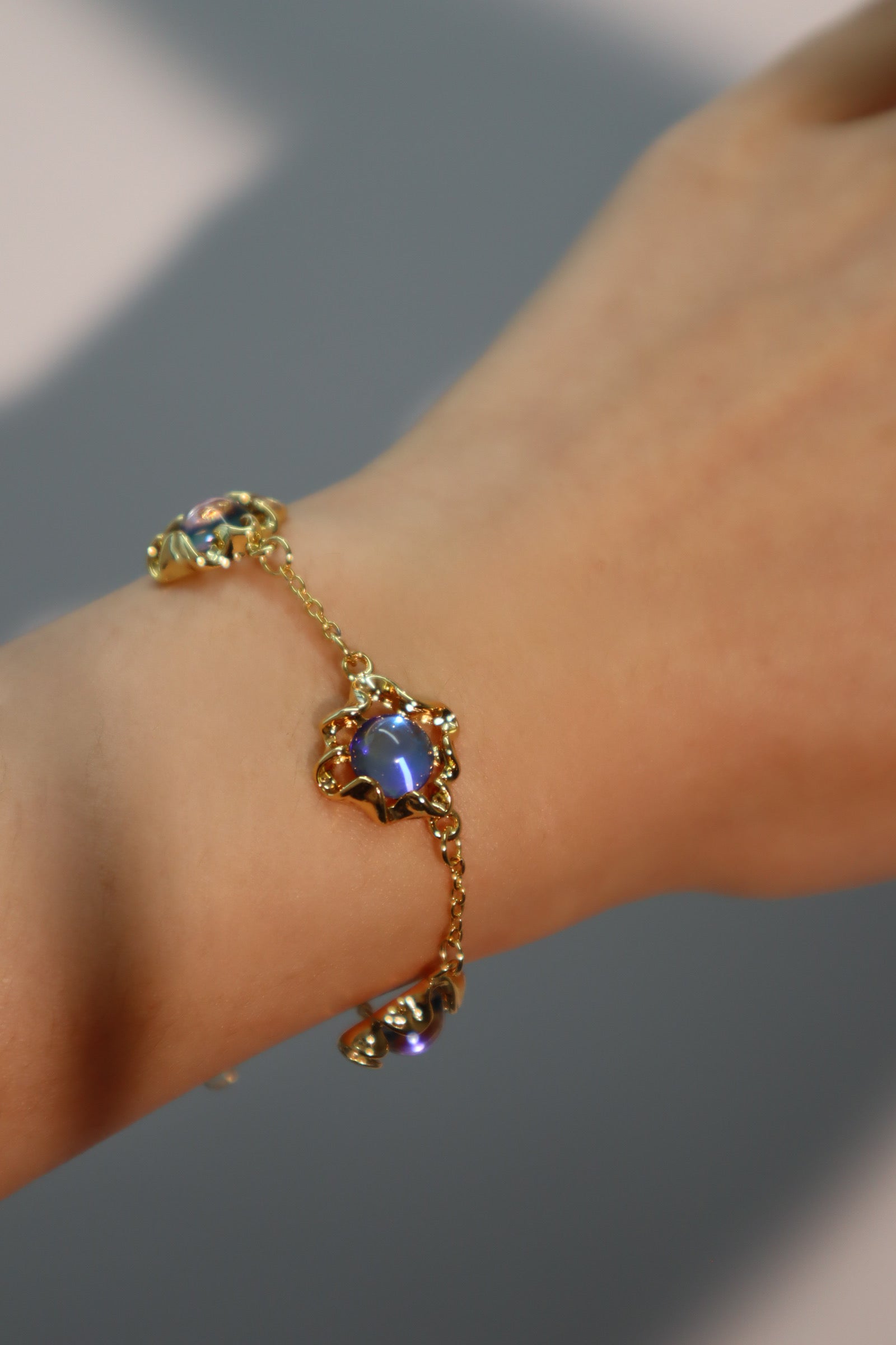 Unisex Bracelet 18K Gold Plated Deep Blue Moonstones - 6