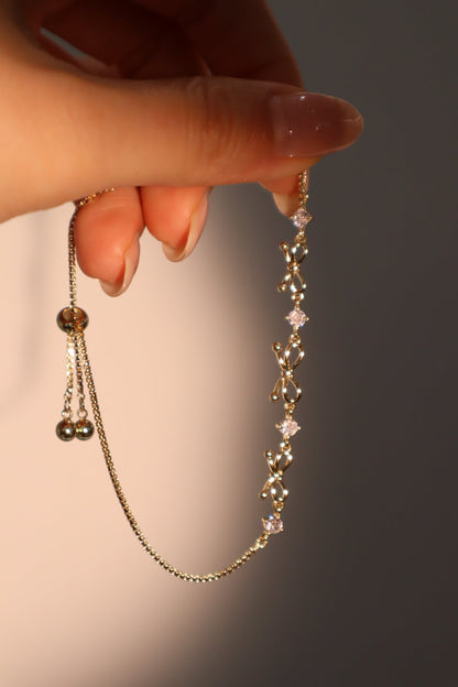 Women's Bowknot Bracelet Gold Plated Zirconia Diamonds Adjustable 9.4 in. - 2