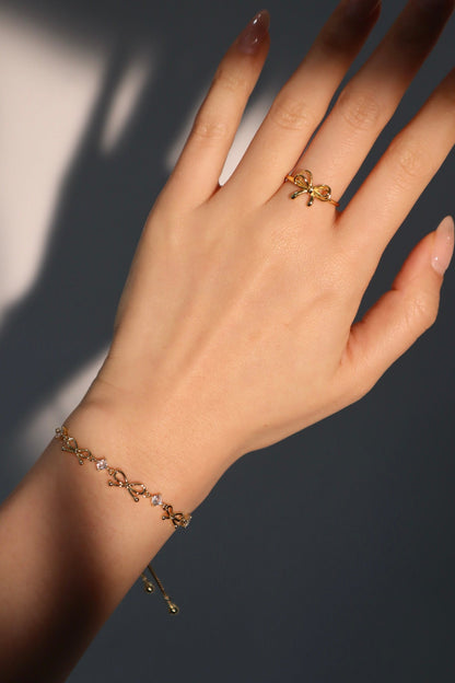 Women's Bowknot Bracelet Gold Plated Zirconia Diamonds Adjustable 9.4 in. - 6