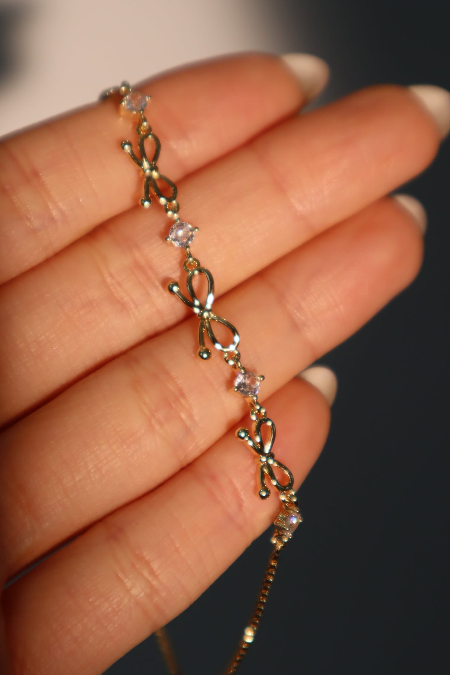 Women's Bowknot Bracelet Gold Plated Zirconia Diamonds Adjustable 9.4 in. - 8