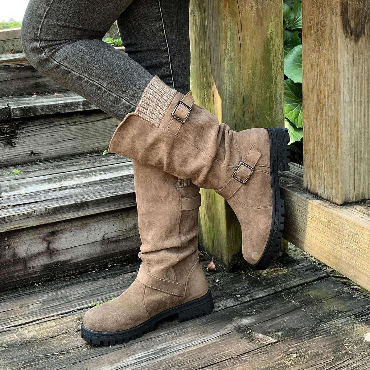 Women's Knit-Panel Mid-Calf Boots in Light Brown – front view on feet | Hensley London