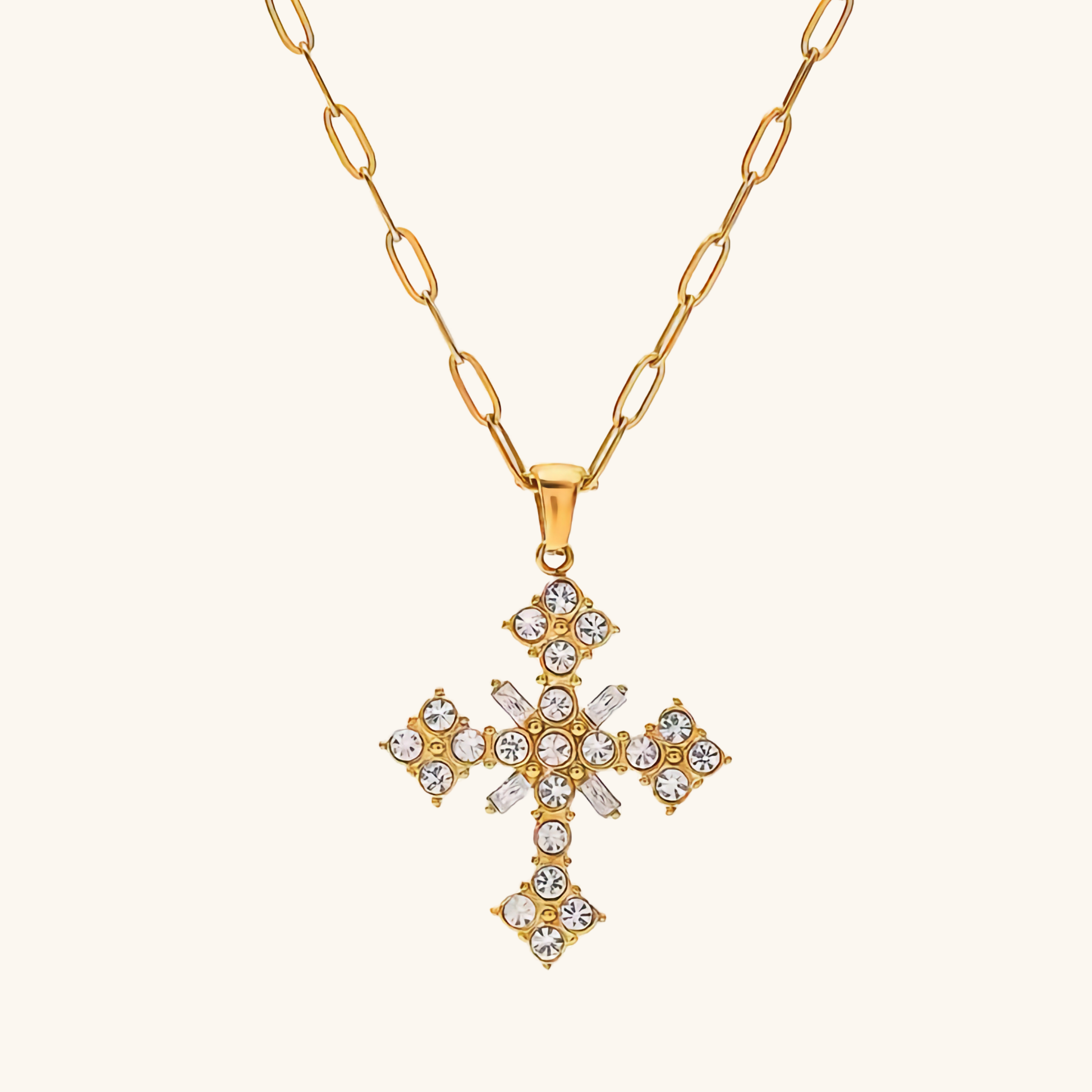 18k Gold-Plated Crystal Cross Necklace with Paperclip Chain – Waterproof, Hypoallergenic Jewelry for Women 0