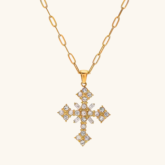 18k Gold-Plated Crystal Cross Necklace with Paperclip Chain – Waterproof, Hypoallergenic Jewelry for Women 0