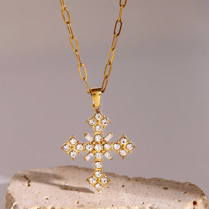18k Gold-Plated Crystal Cross Necklace with Paperclip Chain – Waterproof, Hypoallergenic Jewelry for Women 3