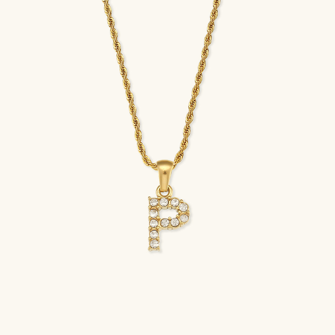 18k Gold Initial Necklace with Diamond Simulants – Waterproof and Hypoallergenic 17