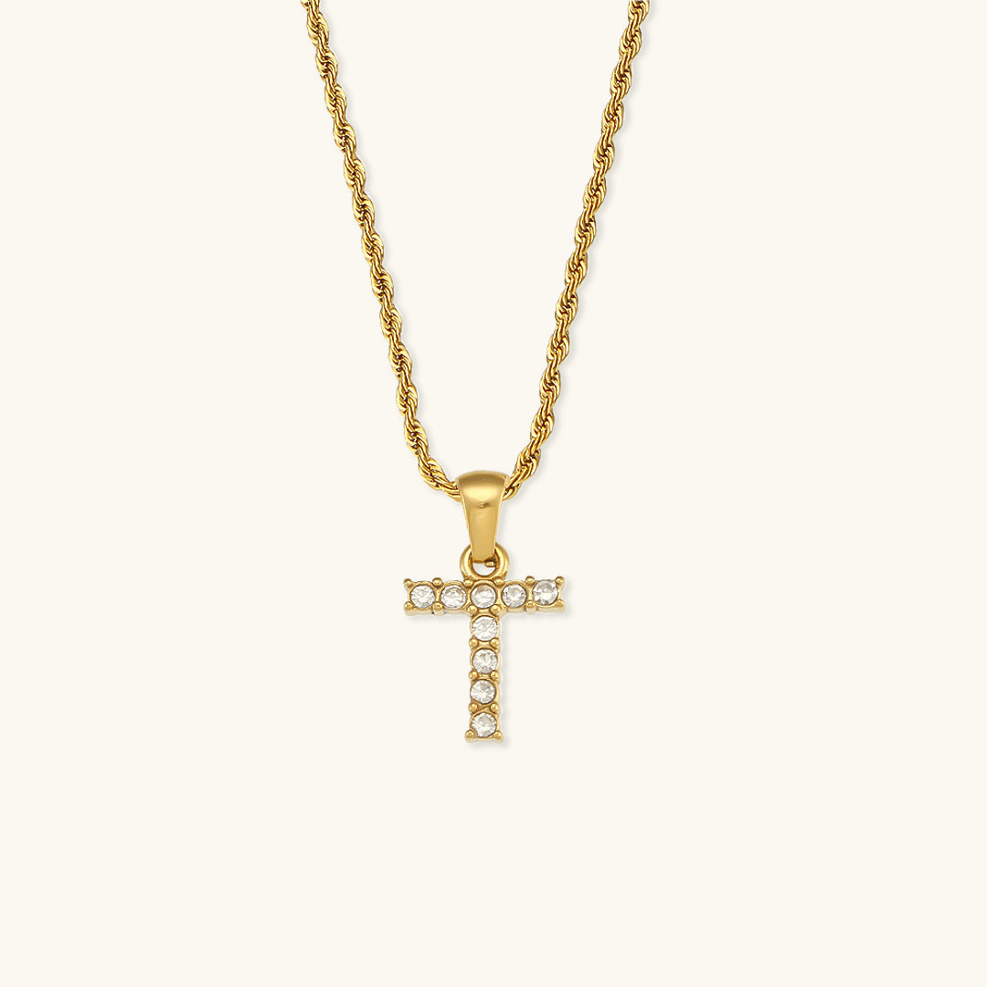 18k Gold Initial Necklace with Diamond Simulants – Waterproof and Hypoallergenic 21