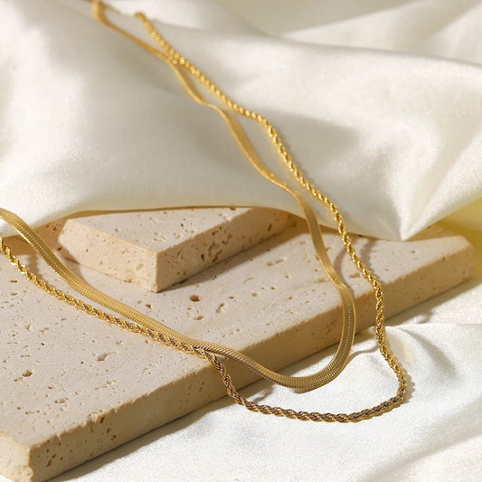 18k Gold Plated Layered Herringbone and Rope Chain Necklace for Women - Elegant Gold Necklace